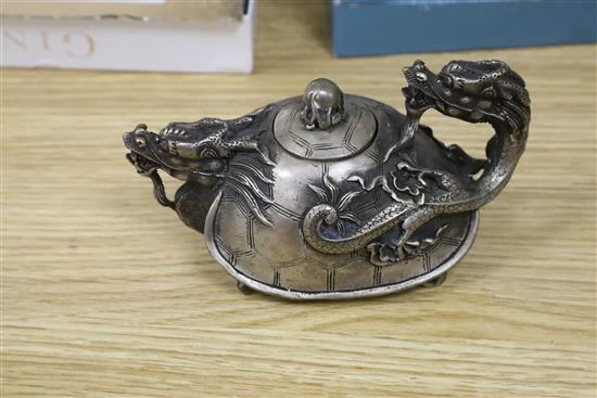 A Japanese incense burner and two items of metalware